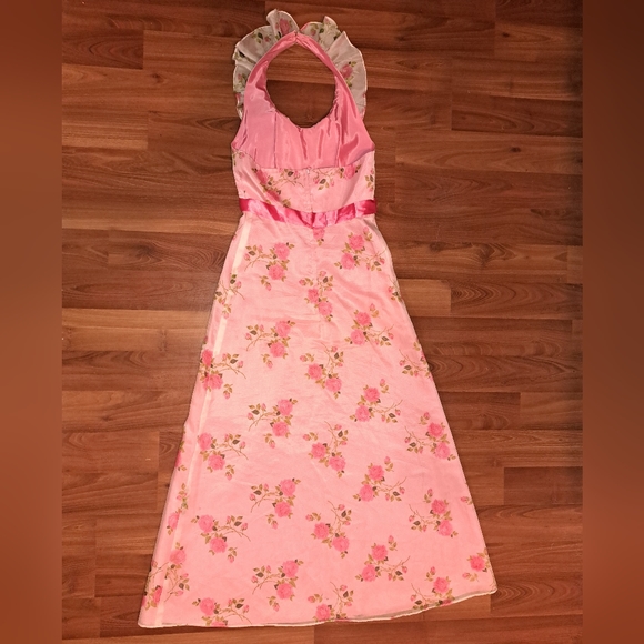 Funky Vintage Barbie Pink Floral Print Ruffle Collar Halter Prom Formal Dress - Picture 8 of 12